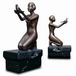 Bookends with Art Deco Style Art on marble base with Brown Woman with Dove by Decomoments called Offering