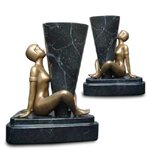 Pair of Marble Vases with Art Deco Style Figures in Gold Color