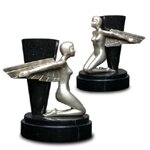 Pair of Marble Vases with Art Deco Style Figures with Wings in Silver Color